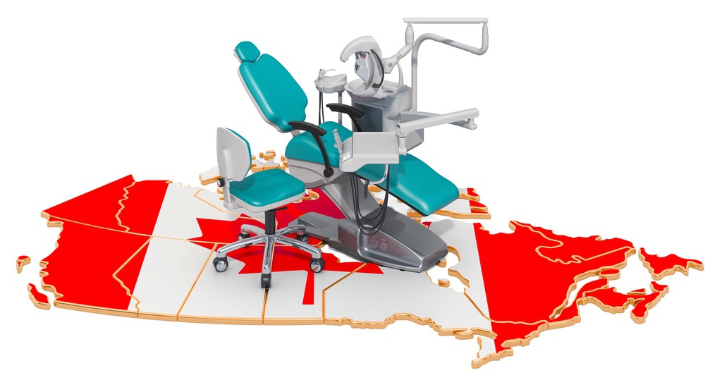 Dental chair and equipment on map of Canada with Canadian flag design