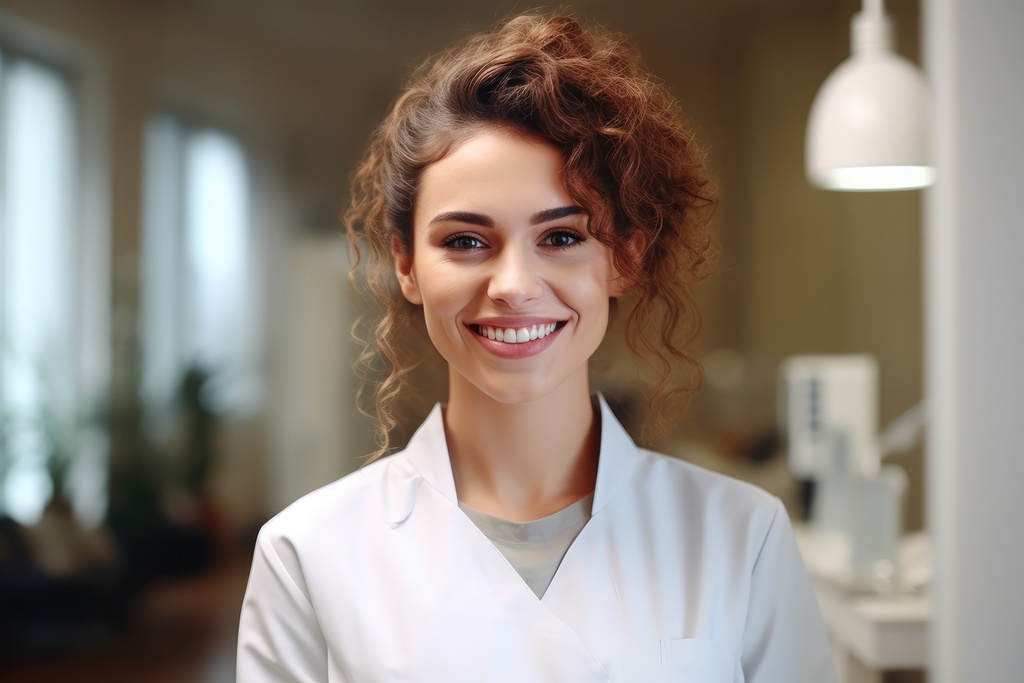 Smiling dental assistant at practice where she enjoys strong job security