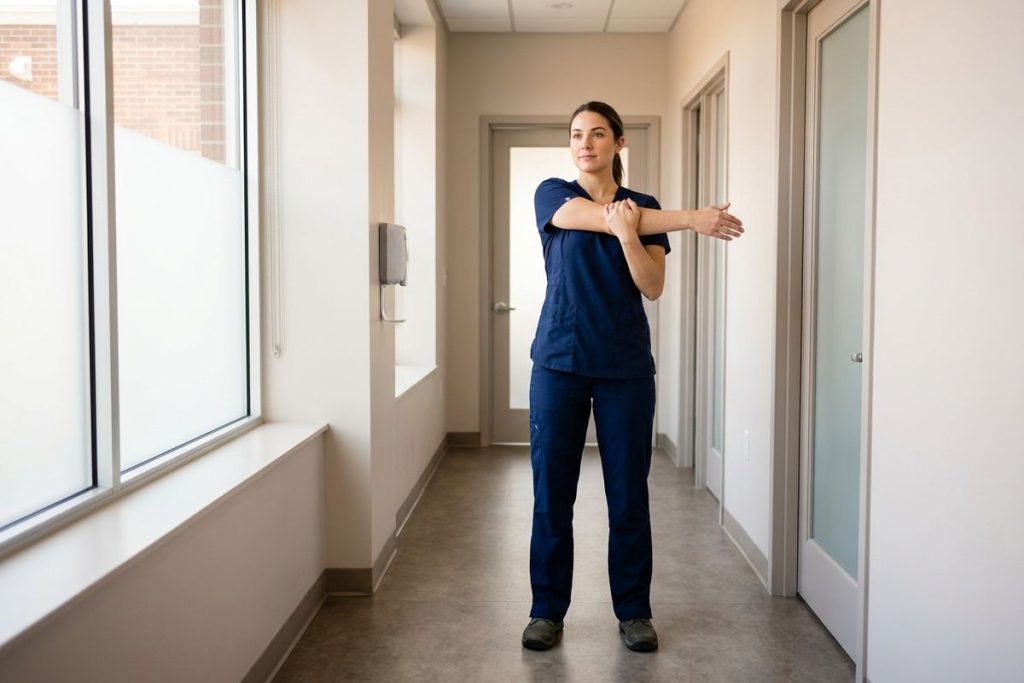 Adult in scrubs stretching one arm across their chest in a clinic hallway with frosted glass doors and windows.