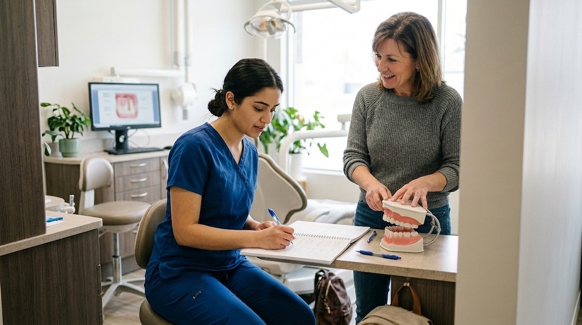 Dental assistant student in blue scrubs taking notes at a desk while an instructor smiles and demonstrates with a dental model.