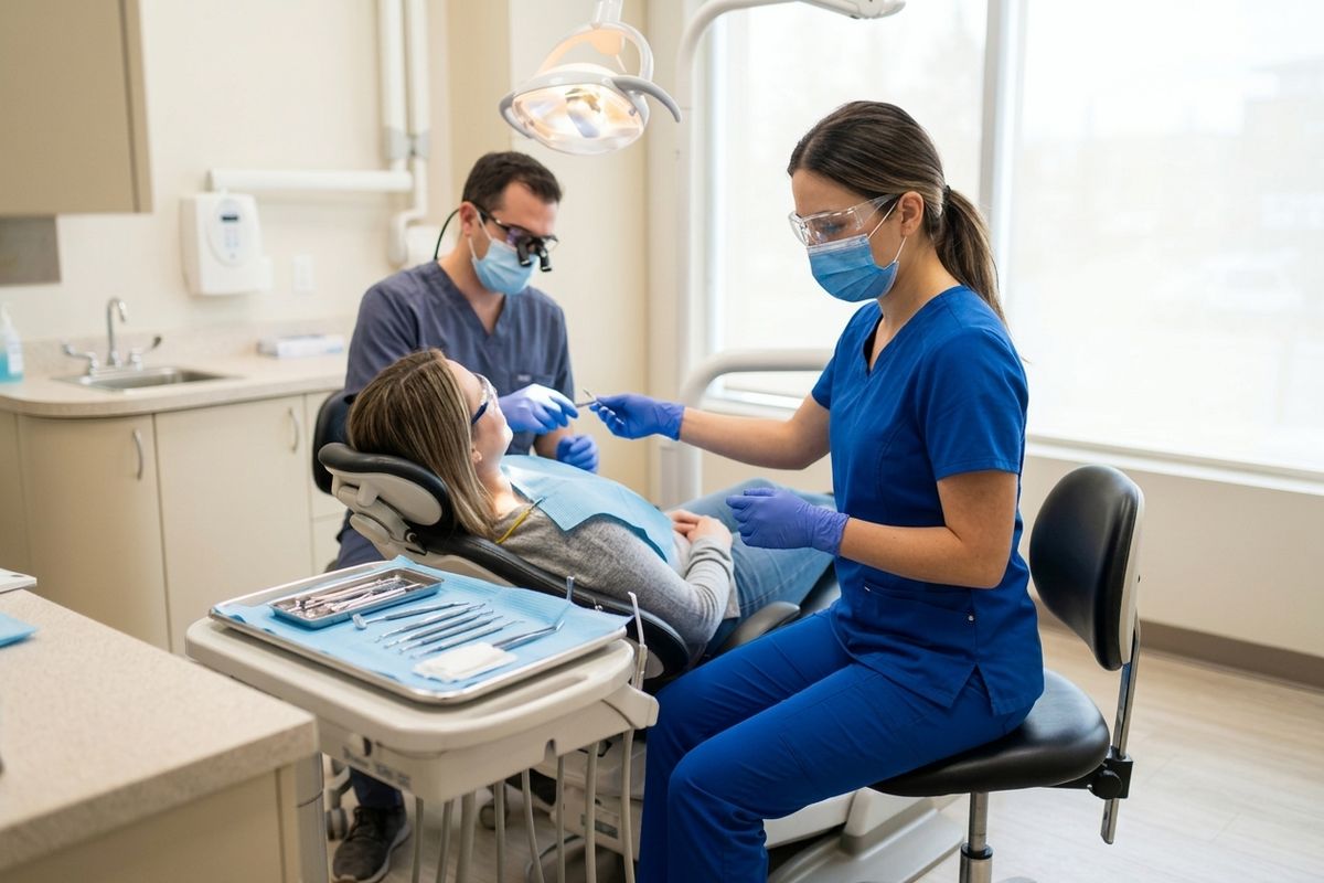 Two dental professionals treating a reclined patient in a dental chair, with instruments on a tray nearby and an overhead light illuminated.