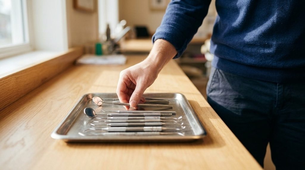 Person arranging a tray of sterilized dental instruments on a wooden countertop in a clinical setting.