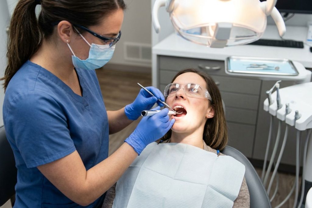 Dentist using dental instruments on a patient seated in a dental chair with mouth open, wearing protective glasses and a bib.