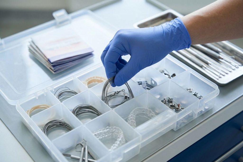 Gloved hand picking orthodontic wire from a compartmented tray holding wires, brackets, and aligners beside dental instruments on a clinic surface.