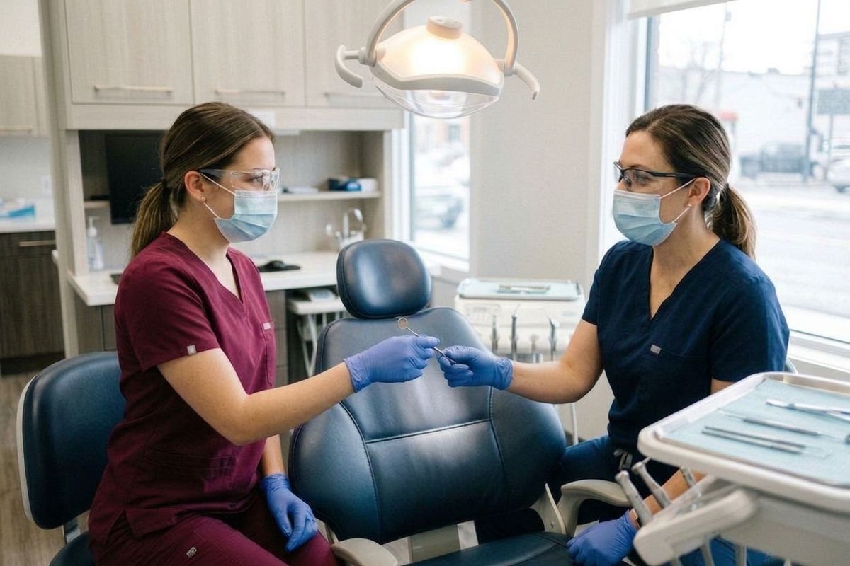 two dental professionals exchanging instruments Two dental professionals exchanging instruments