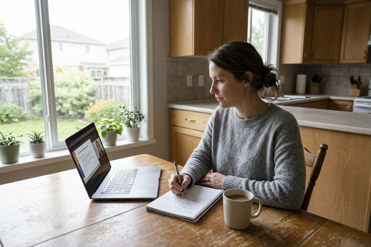 online-dental-assistant-student-studying-at-home Woman working on a laptop in the kitchen